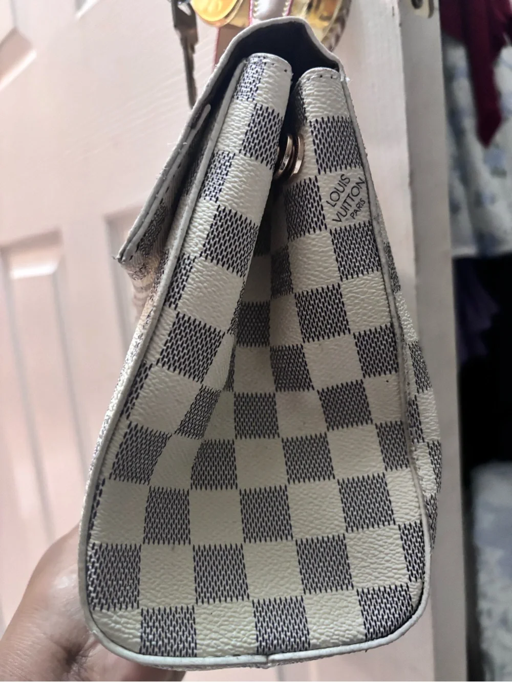 Inspired Damier Check Canvas Top Handle Bag in White/Gray by Louis Vuitton